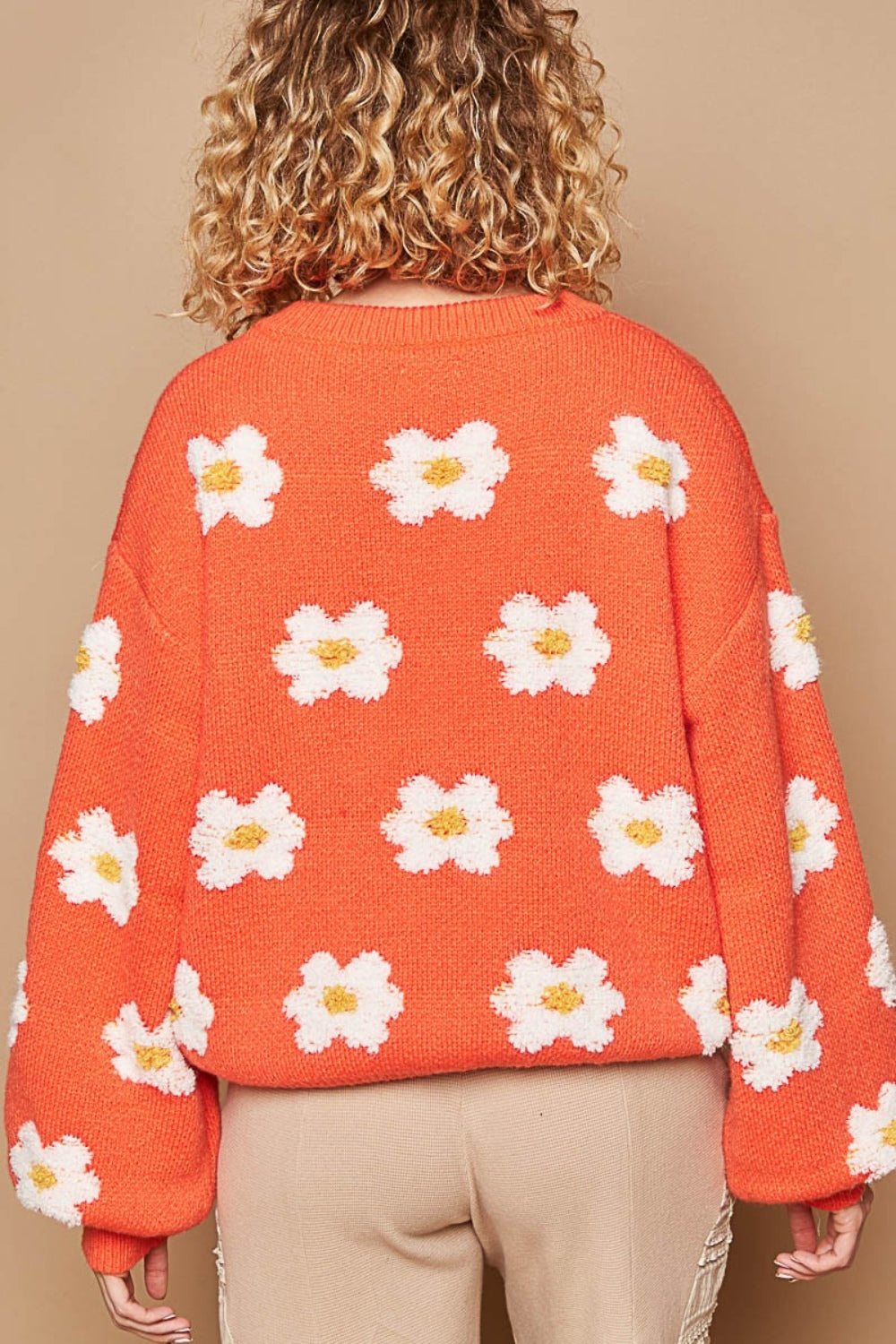 POL Petals of Perfection Daisy Pattern Drop Shoulder Sweater in Sun Orange