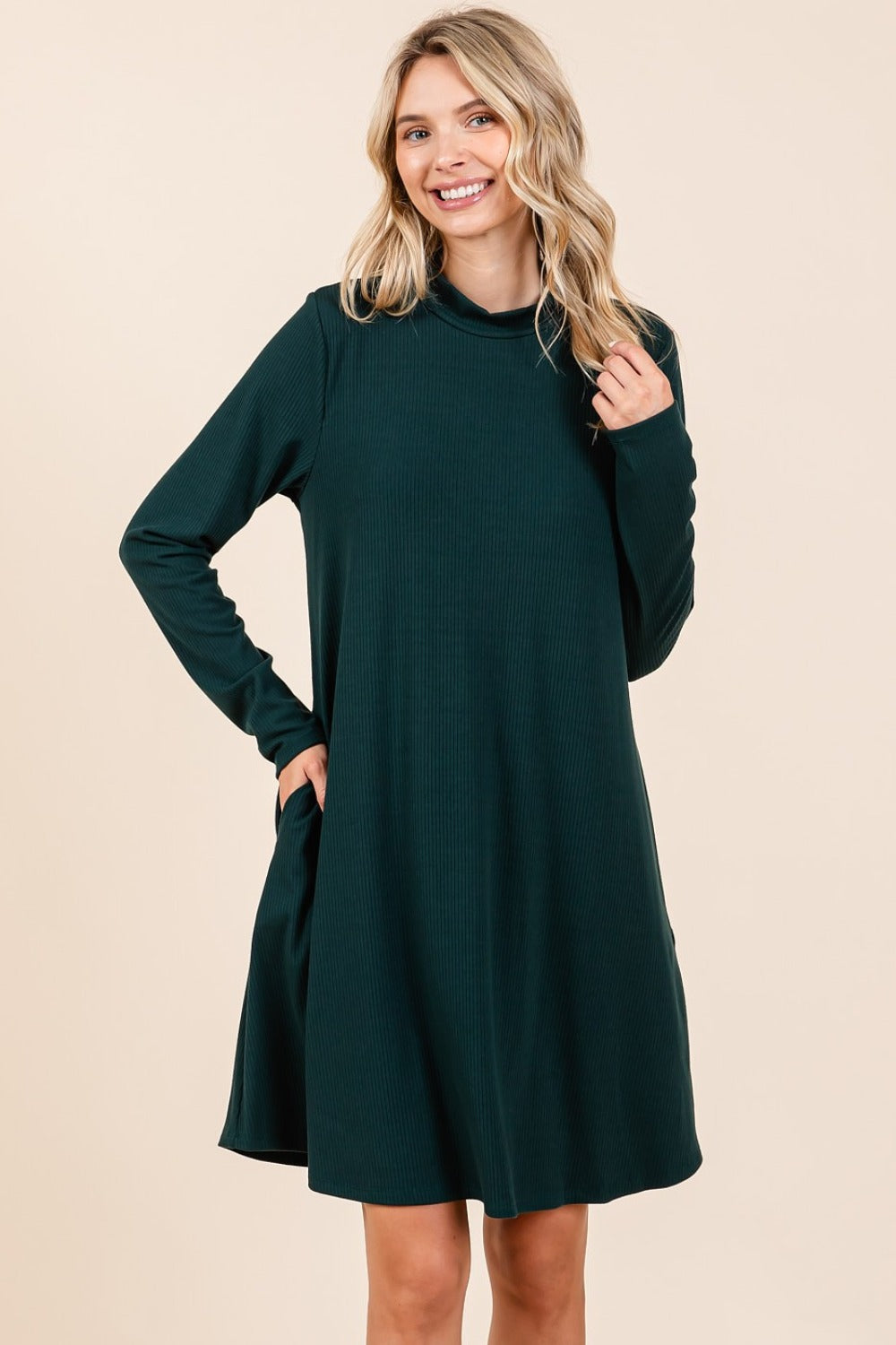 Mittoshop Ready To Go Mock Neck Long Sleeve Dress with Pockets in Hunter Green