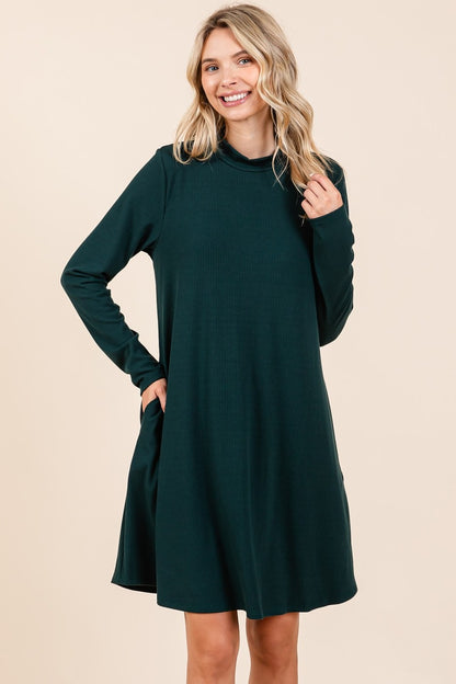 Mittoshop Ready To Go Mock Neck Long Sleeve Dress with Pockets in Hunter Green