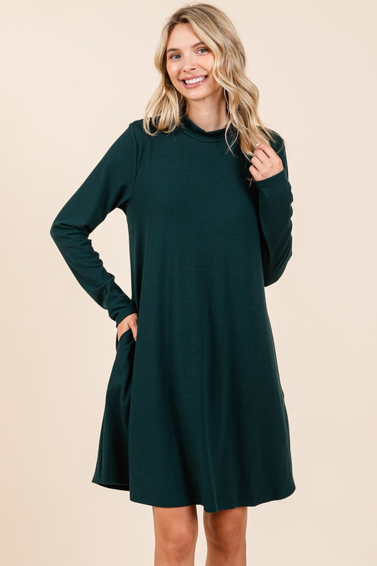 Mittoshop Ready To Go Mock Neck Long Sleeve Dress with Pockets in Hunter Green