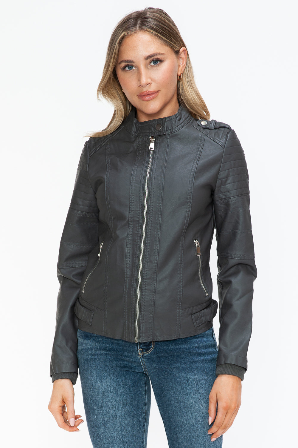 Snobbish Born To Ride PU Leather Biker Jacket with Side Zip Pockets in Charcoal