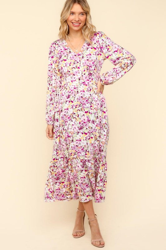 Haptics Smile On Floral V-Neck Long Sleeve Dress with Side Pockets in Lilac