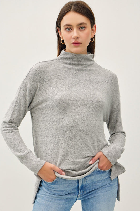 Be Cool Simple Joys Side Slit Mock Neck Long Sleeve Tunic Top in Charcoal