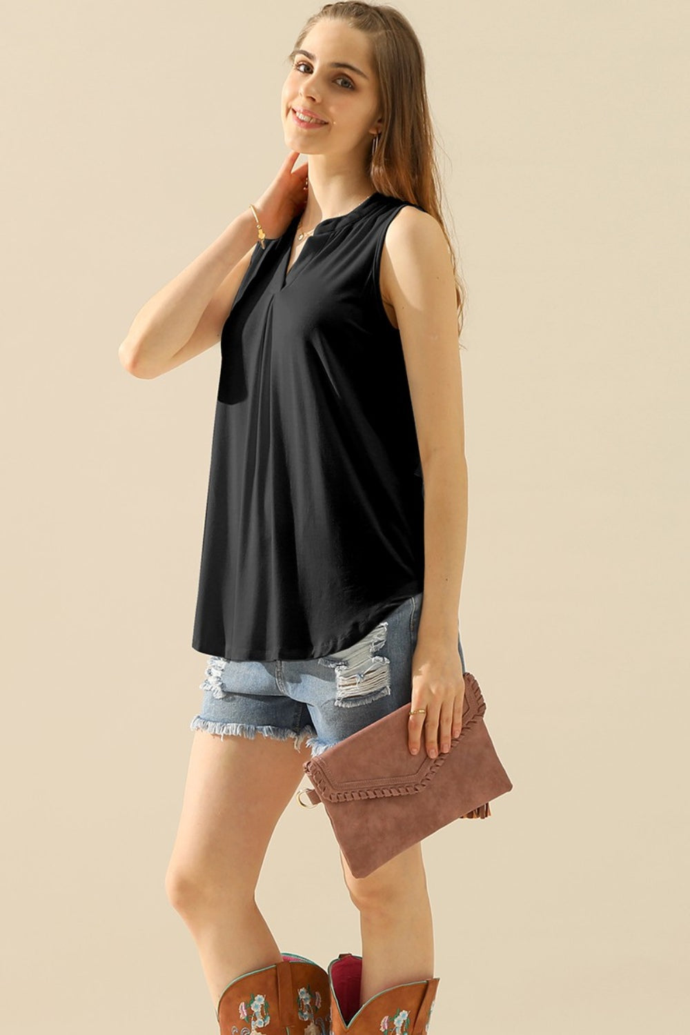 Ninexis Backyard Lights Notched Neck Sleeveless Top