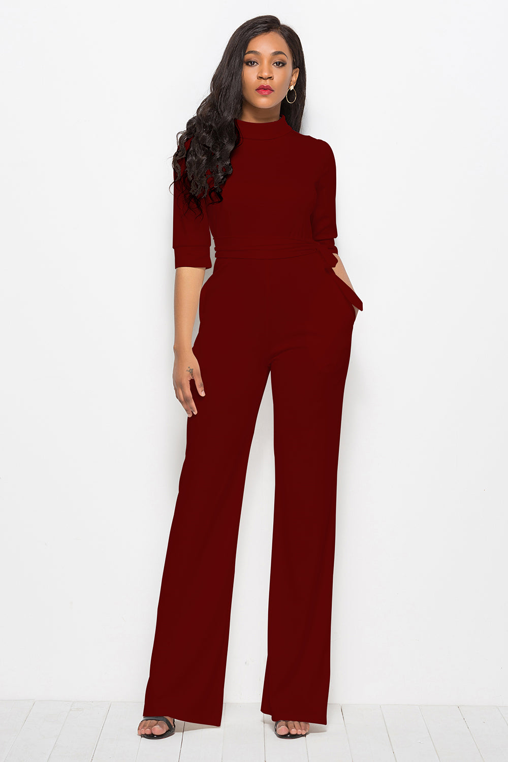 Driven Mock Neck Tie-Waist Half Sleeve Jumpsuit with Pockets