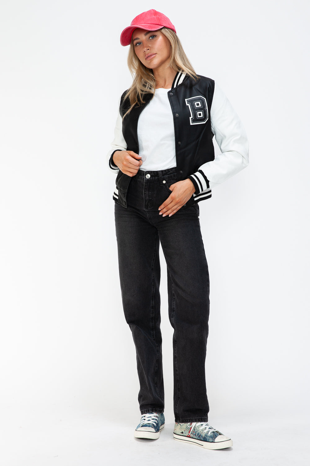 Love Me Now Bring The Love PU Leather Contrast Snap Down Bomber Jacket in Black/ White