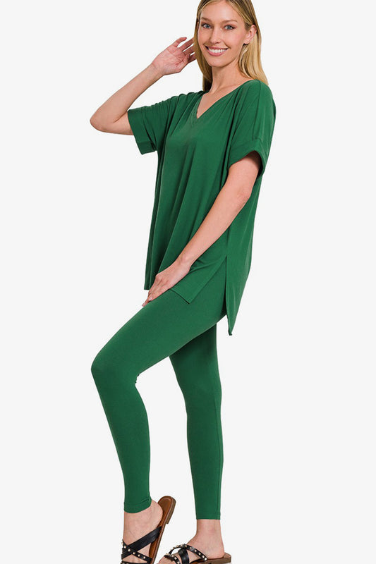 Zenana Mix It Up V-Neck Rolled Short Sleeve T-Shirt and Leggings Lounge Set in Dark Green