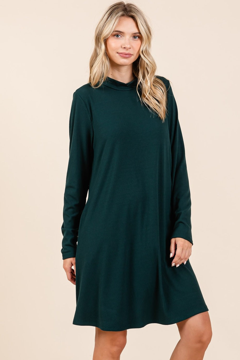 Mittoshop Ready To Go Mock Neck Long Sleeve Dress with Pockets in Hunter Green