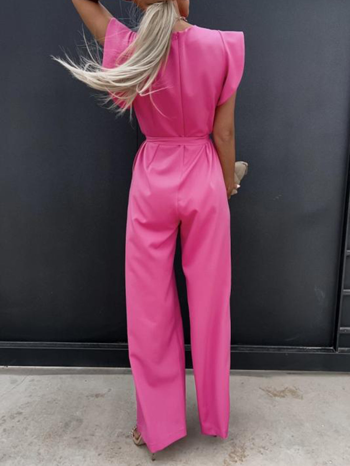 Captivating Muse Ruffled Round Neck Cap Sleeve Jumpsuit with Pockets
