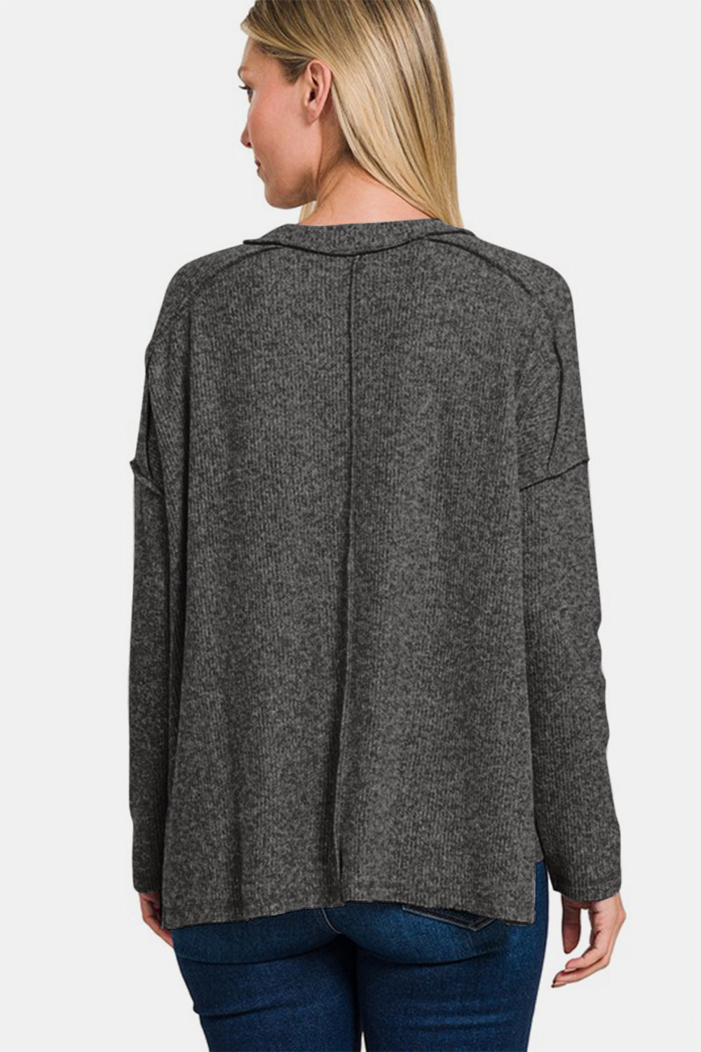 Zenana Cozy Season Exposed Seam Brushed Sweater in Black