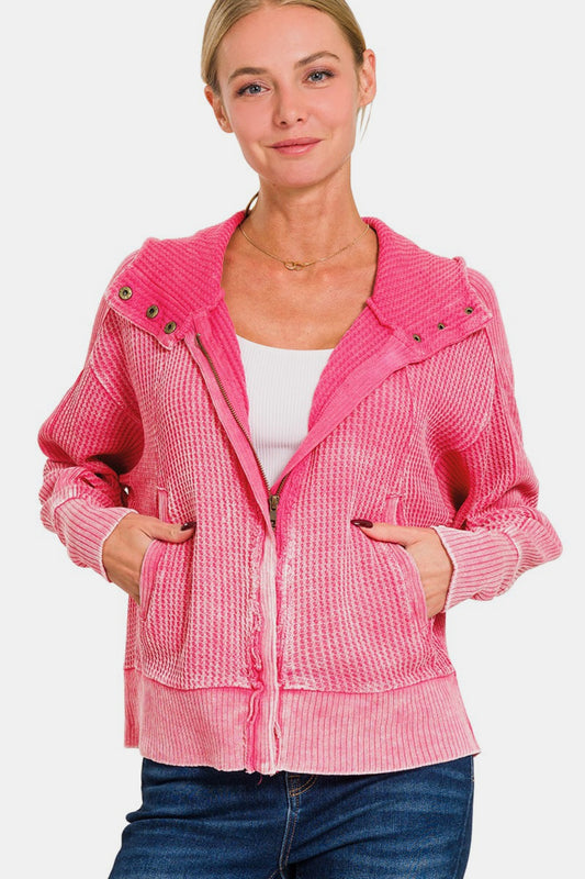 Zenana Chill Days Washed Zip Up Hooded Jacket in Fuchsia