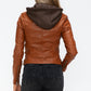 Snobbish Embrace The Day Faux Leather Zip Up Drawstring Hooded Jacket in Camel