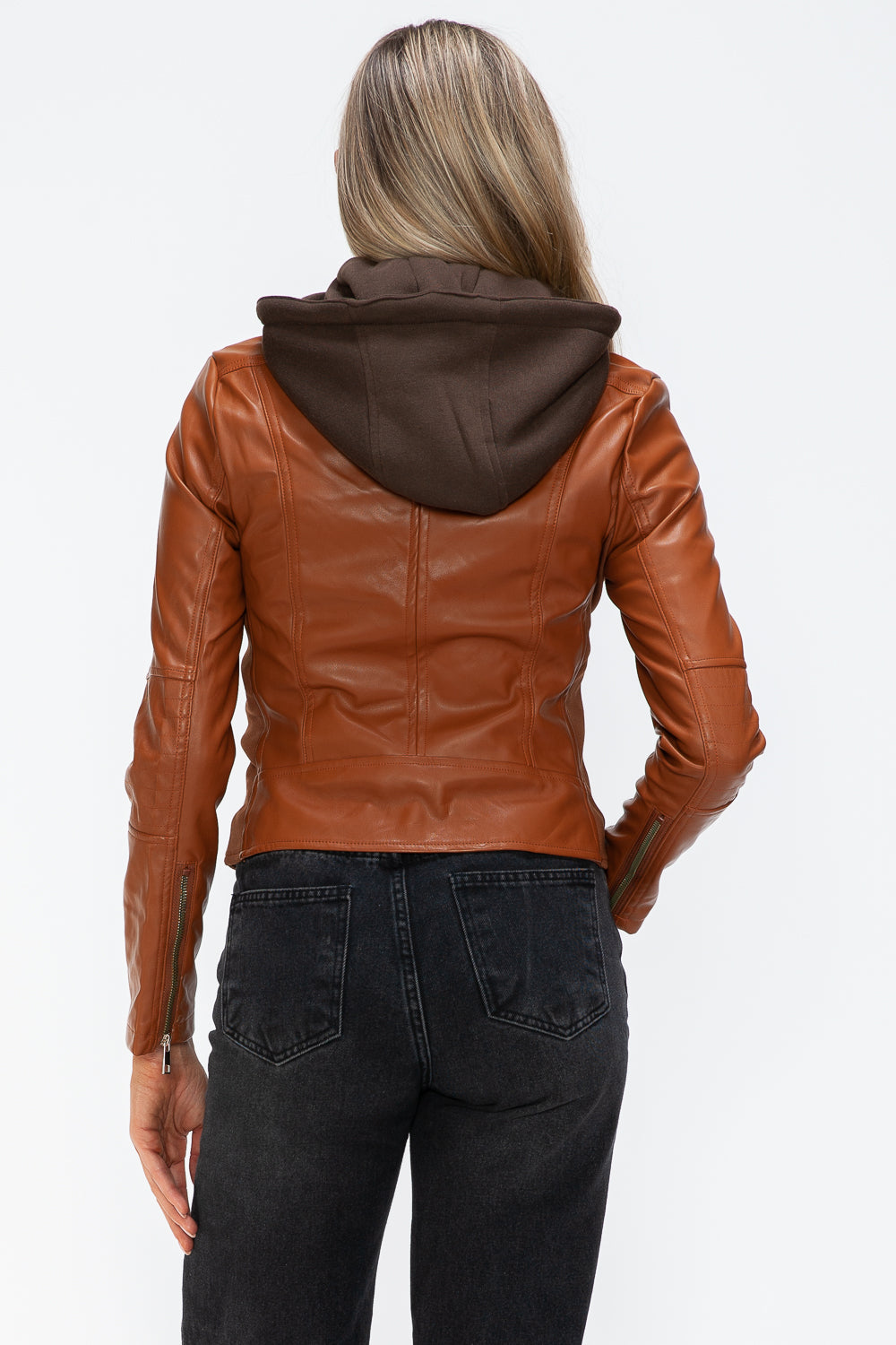 Snobbish Embrace The Day Faux Leather Zip Up Drawstring Hooded Jacket in Camel