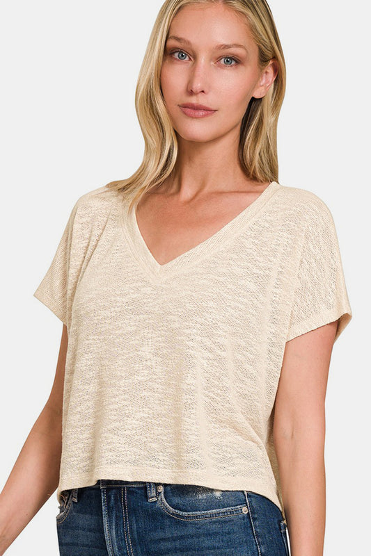 Zenana Back To Simple V-Neck Short Sleeve Crop T-Shirt in Sand Beige