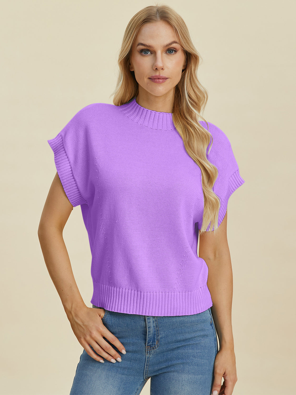Double Take Lovely Day Mock Neck Short Sleeve Sweater