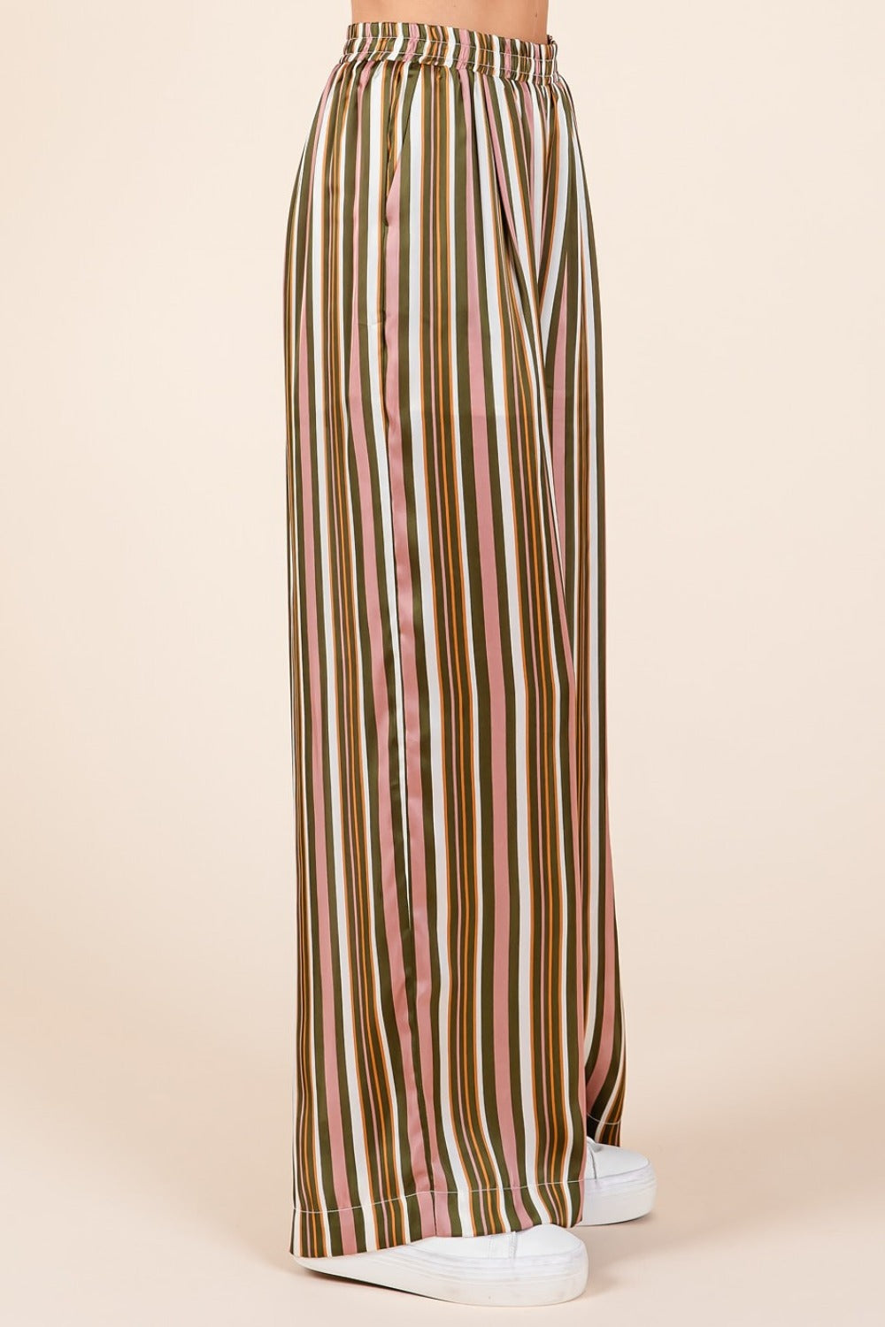 Mittoshop Oh Hey There Striped Satin Elastic Waist Wide Leg Pants in Mauve Multi