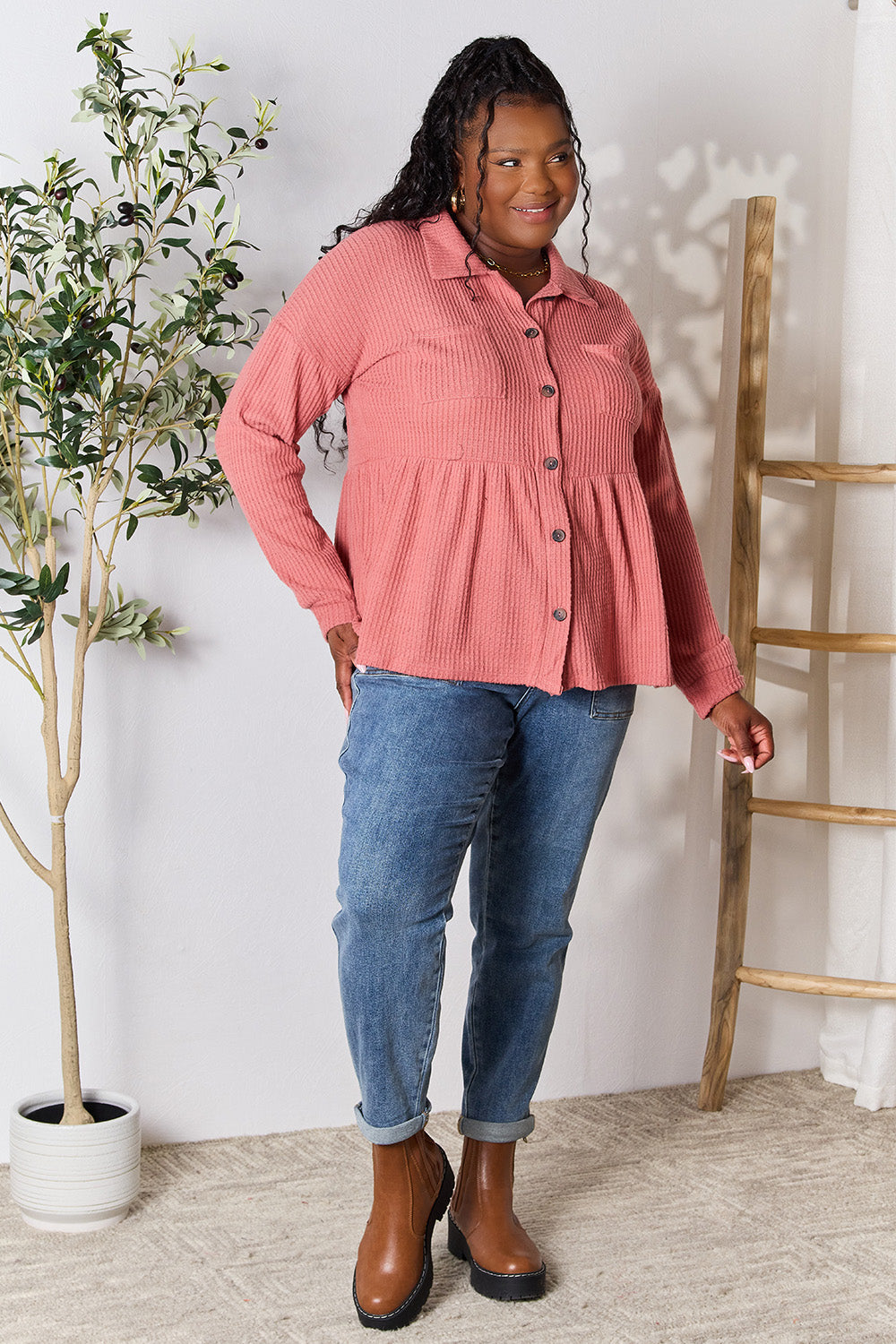 Heimish My Favorite Fall Day Waffle-Knit Button Down Blouse