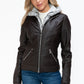 YMI Fuzzy Feels Faux Layered Double-Zipper Jacket with Fuzzy Hood in Chocolate