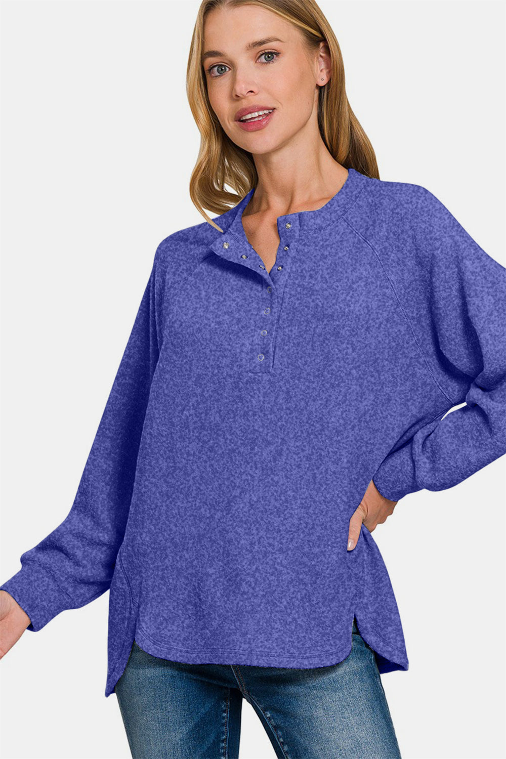 Zenana Mixed Emotions Brushed Melange Hacci High-Low Sweater in Bright Blue