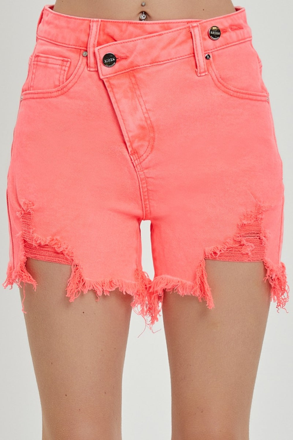 RISEN Carla Raw Hem Asymmetrical Waist Denim Shorts