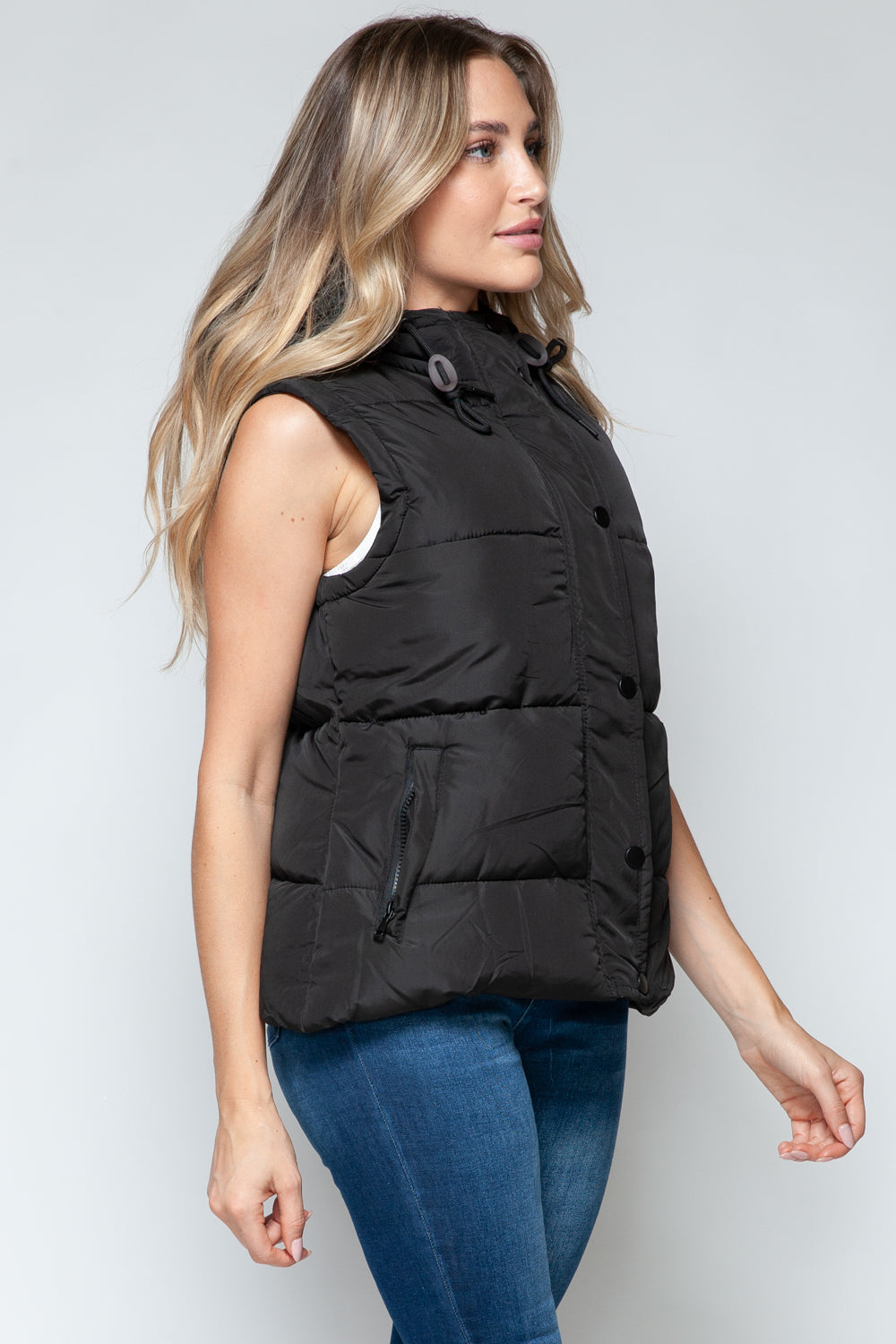 Snobbish Cute and Cozy Snap and Zip Closure Hooded Vest in Midnight/ Black