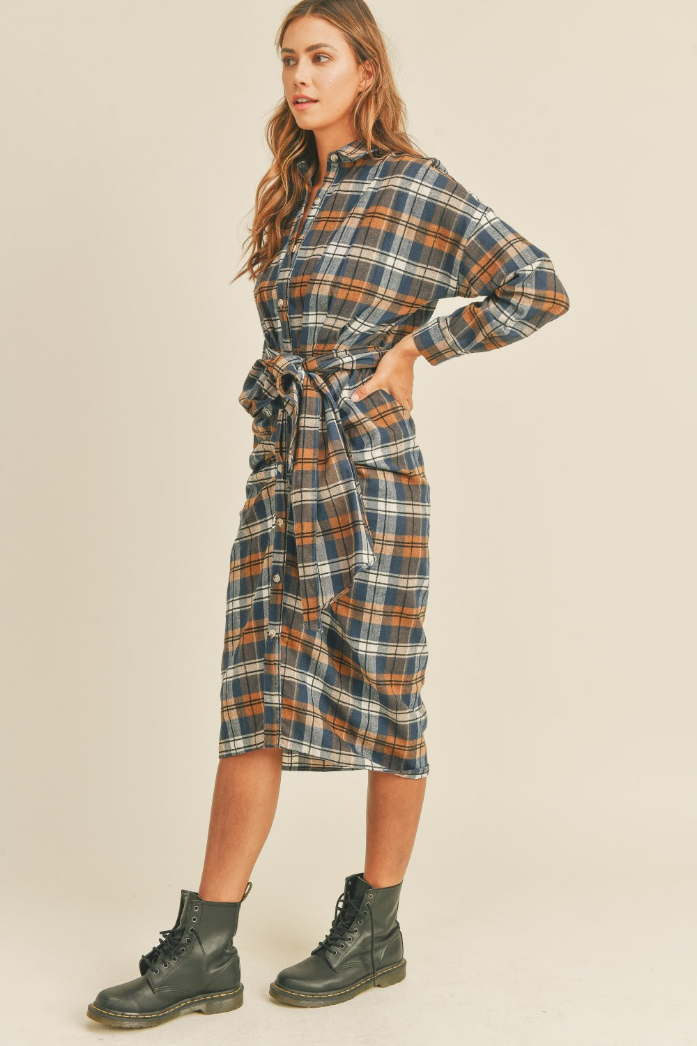 Mable Timeless in Plaid Flannel Front Tie Button Down Shirt Dress