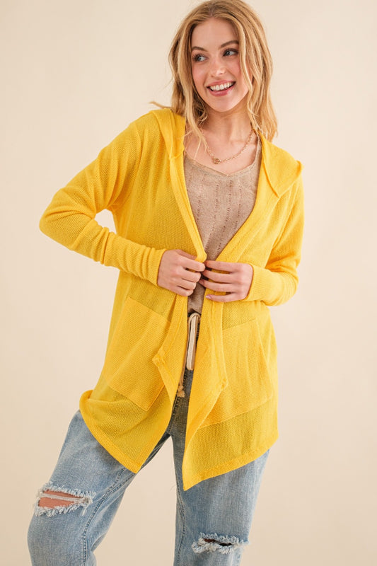 And The Why Take It Next Level Thermal Hooded Open Front Cardigan with Pockets in Vivid Yellow