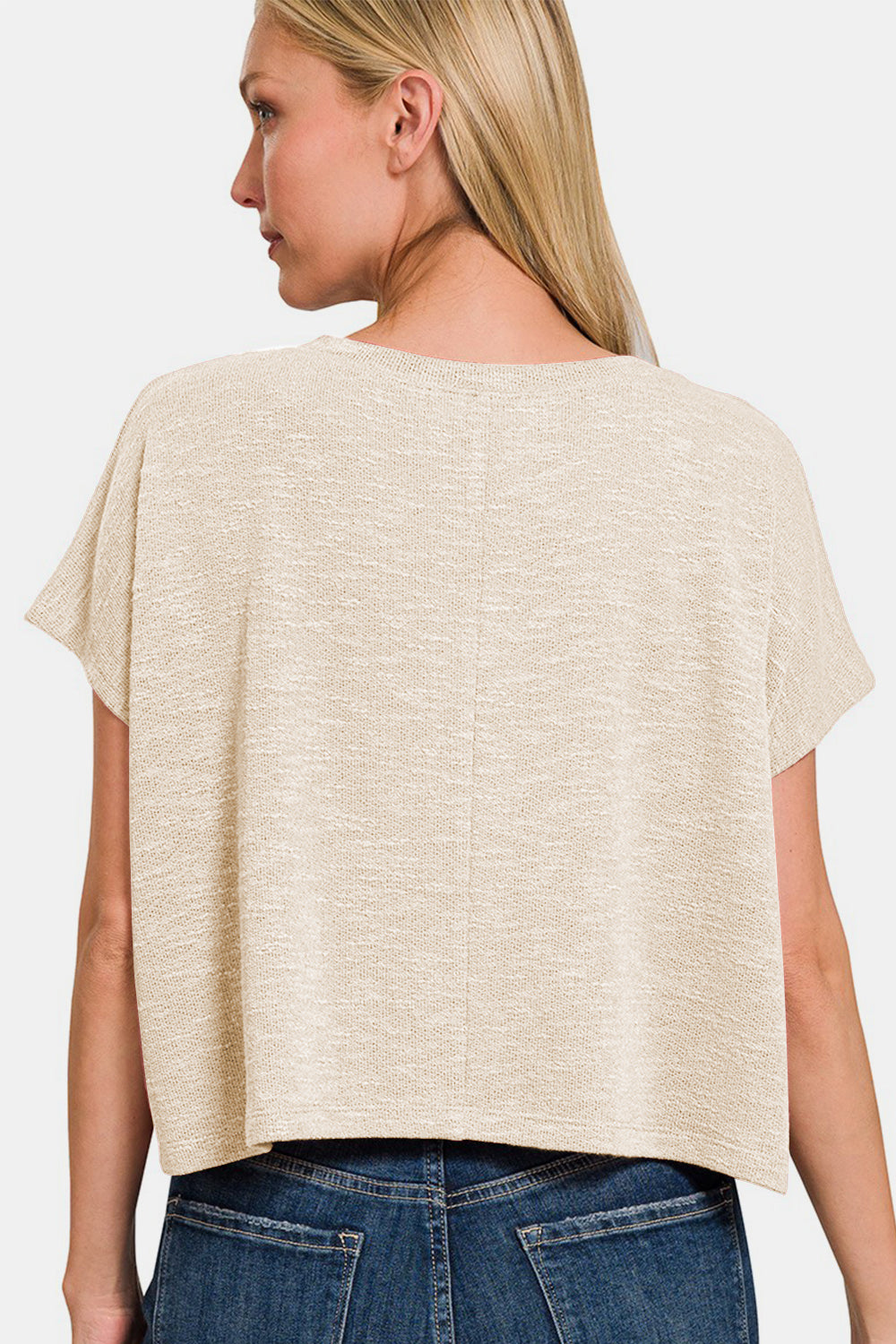 Zenana Back To Simple V-Neck Short Sleeve Crop T-Shirt in Sand Beige