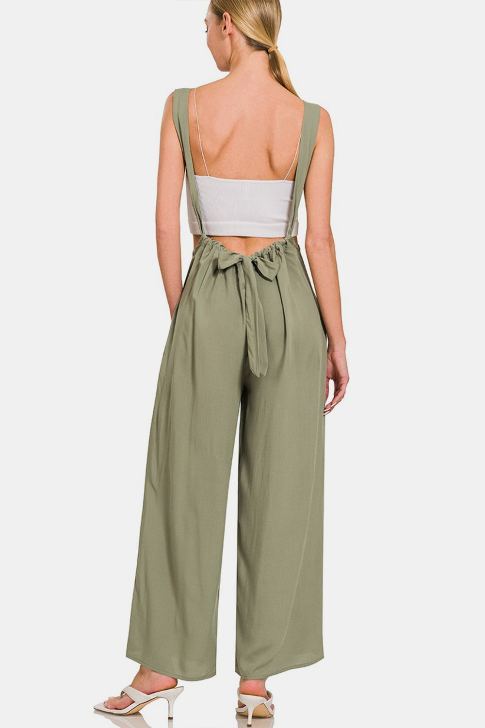 Zenana My Vibe Pocketed Wide Strap Wide Leg Overalls in Light Olive