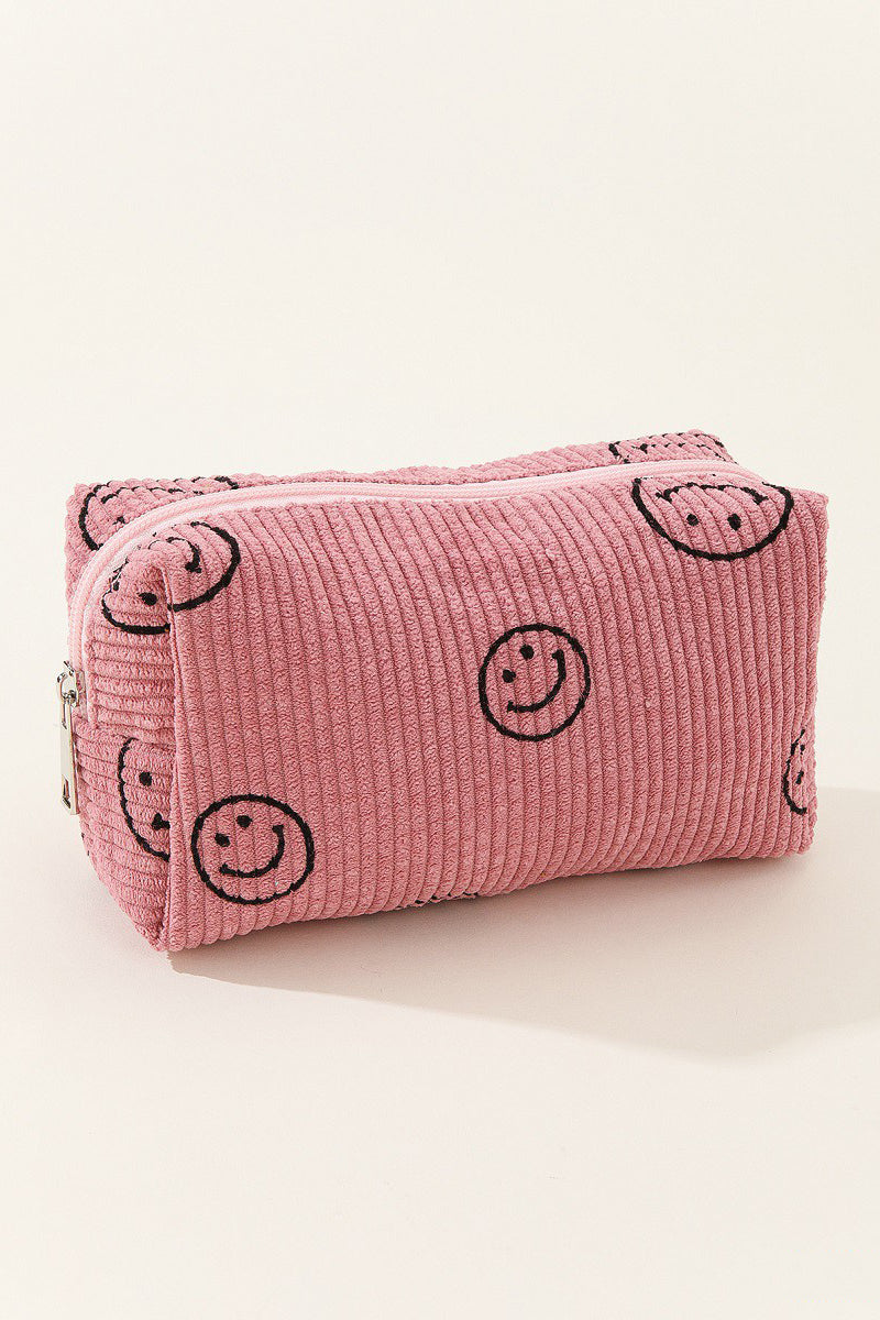 Zenana Match My Mood Smiley Face Corduroy Cosmetic Pouch