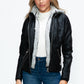 YMI Fuzzy Feels Faux Layered Double-Zipper Jacket with Fuzzy Hood in Black