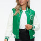 Love Me Now Bring The Love PU Leather Contrast Snap Down Bomber Jacket in Green/Milk