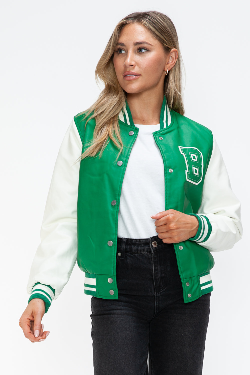 Love Me Now Bring The Love PU Leather Contrast Snap Down Bomber Jacket in Green/Milk