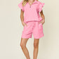 Double Take My Best Life Texture Flounce Sleeve Top and Drawstring Shorts Set