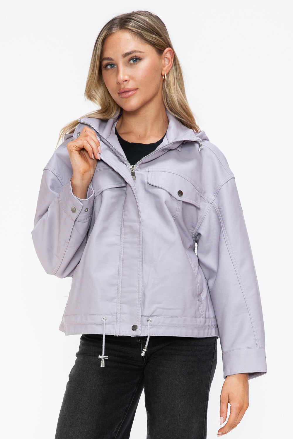 How Dare U My Favorite Layer Drawstring Hem PU Leather Zip Up Jacket in Lilac
