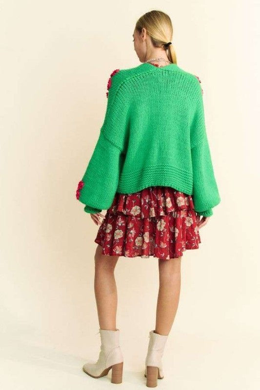 Davi & Dani Pop of Personality Floral Applique Open Front Drop Shoulder Cardigan in Green