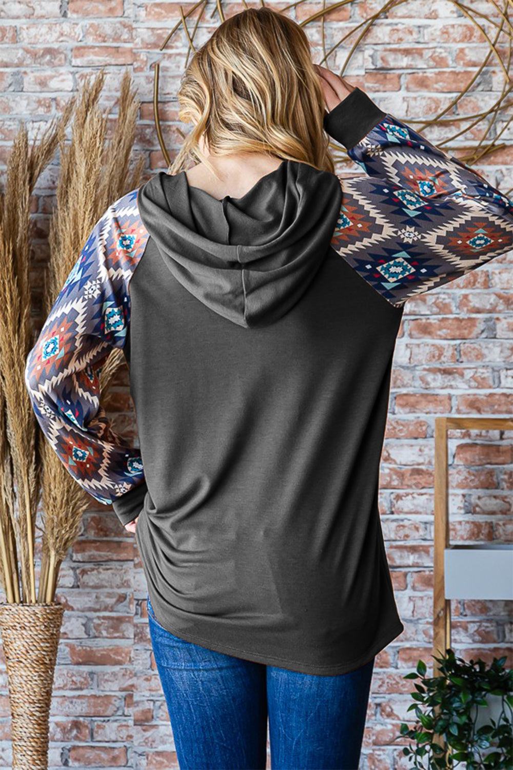 Heimish All Day Vibin' Half Button Printed Long Sleeve Hooded Top in Charcoal