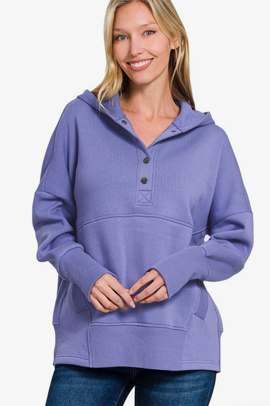 Zenana You Have My Heart Half Snap Long Sleeve Hoodie Top with Kangaroo Pocket in Blue Purple