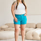 RFM Gina Tummy Control High Waist Raw Hem Denim Shorts in Crystal Teal