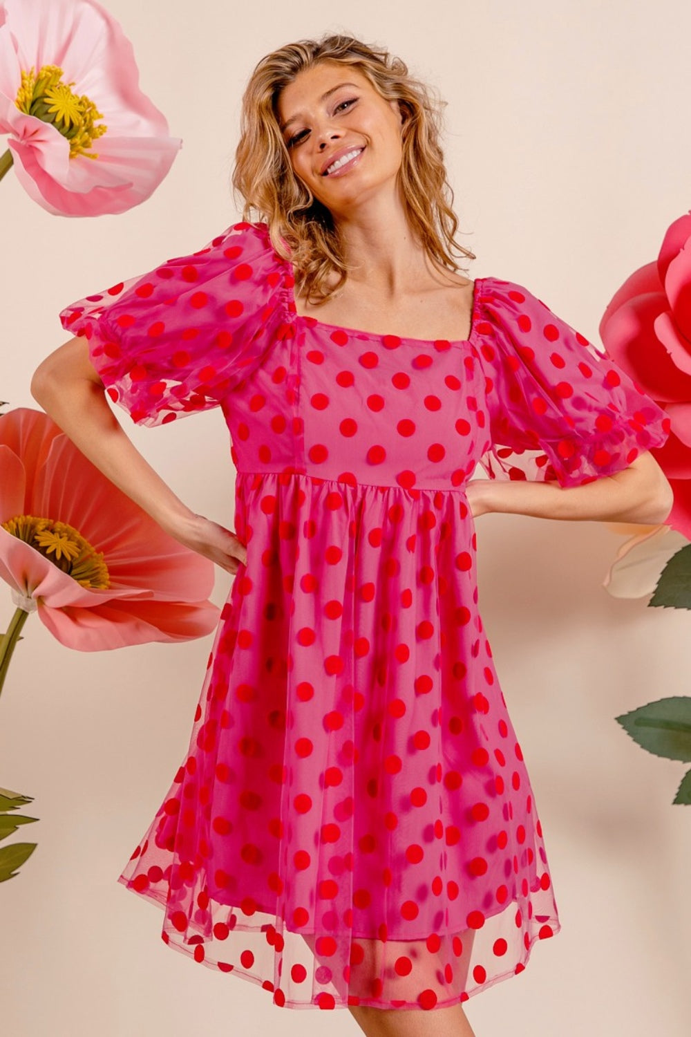 BiBi Who You Are Polka Dot Mesh Puff Sleeve Dress