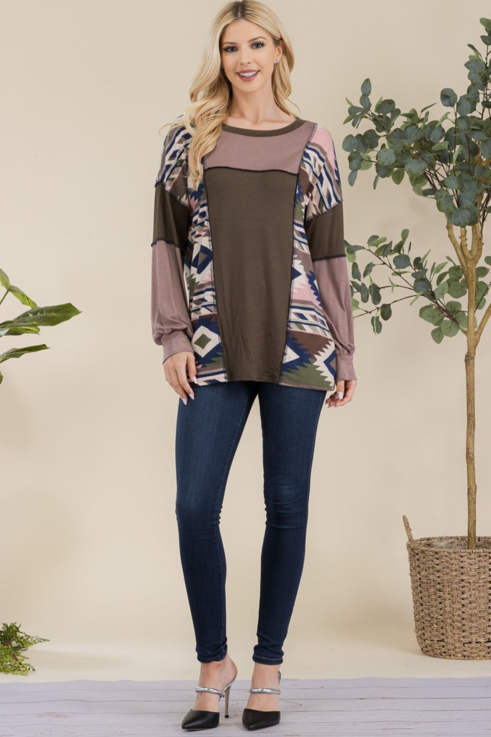 Celeste Simplicity with a Twist Exposed Seam Printed Color Block T-Shirt