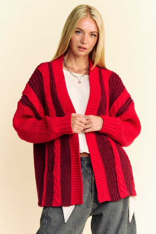 Davi & Dani Festive and Cozy Cable-Knit Color Block Open Front Cardigan