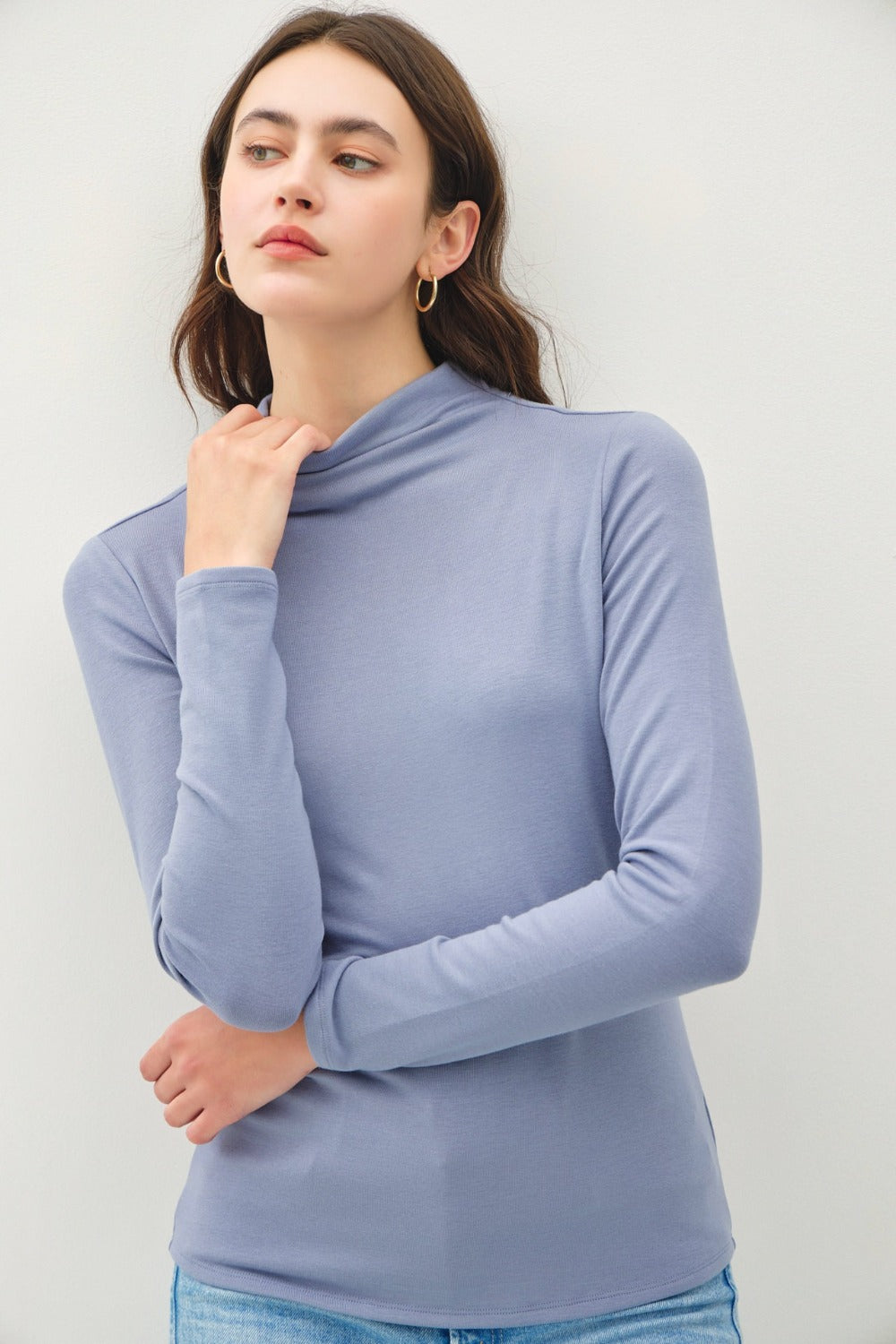 Be Cool Finding My Balance Mock Neck Long Sleeve T-Shirt in Vintage Blue