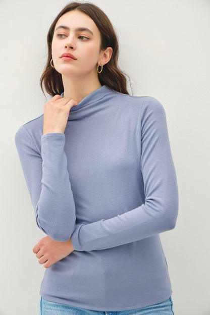 Be Cool Finding My Balance Mock Neck Long Sleeve T-Shirt in Vintage Blue