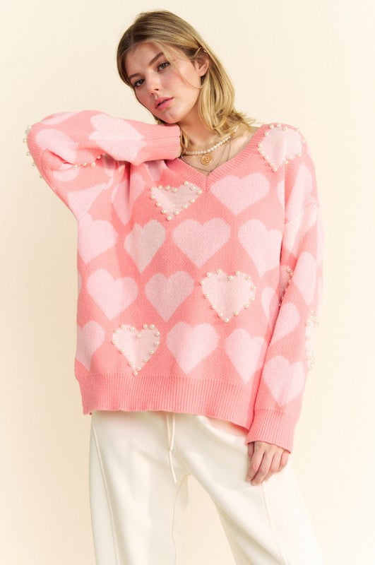 Davi & Dani Hearts of Pearl Side Slit V-Neck Sweater in Pink Multi