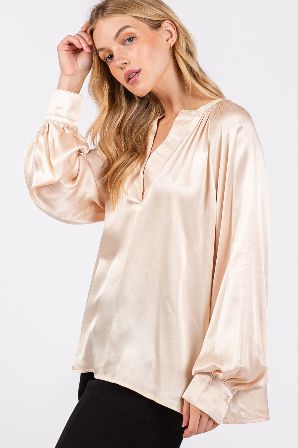 SAGE + FIG Champaign All Day Notched Long Sleeve Blouse