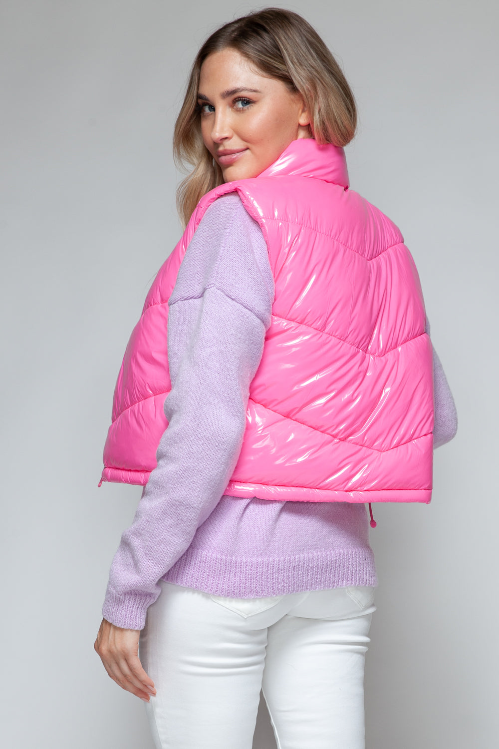 Snobbish A Quilted Touch Zip Up Turtleneck Shiny Quilted Vest in Hot Pink