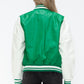 Love Me Now Bring The Love PU Leather Contrast Snap Down Bomber Jacket in Green/Milk