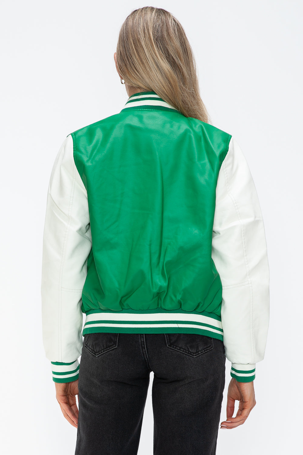 Love Me Now Bring The Love PU Leather Contrast Snap Down Bomber Jacket in Green/Milk