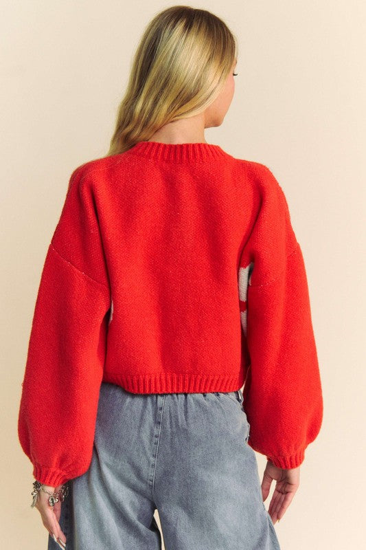 Davi & Dani A Pop Of Flower Power Contrast Round Neck Long Sleeve Cardigan